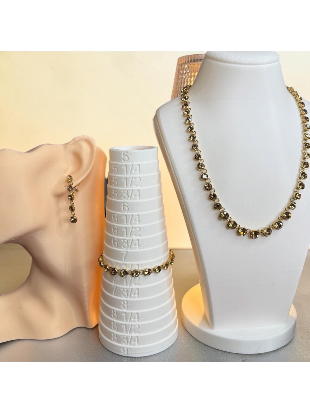 Champagne Crystal Rhinestone Necklace Bracelet Earrings 3 Piece Gold Tone Set